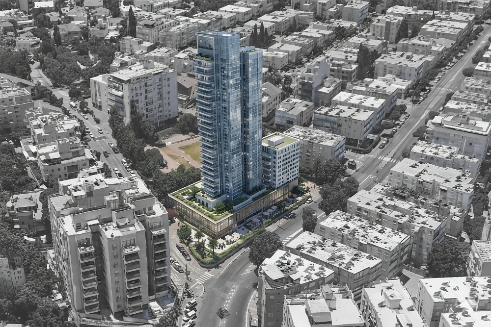 הדמיה של המגדל המתוכנן במתחם התומר-סוקולוב, חולון, בתוך השכונה הקיימת